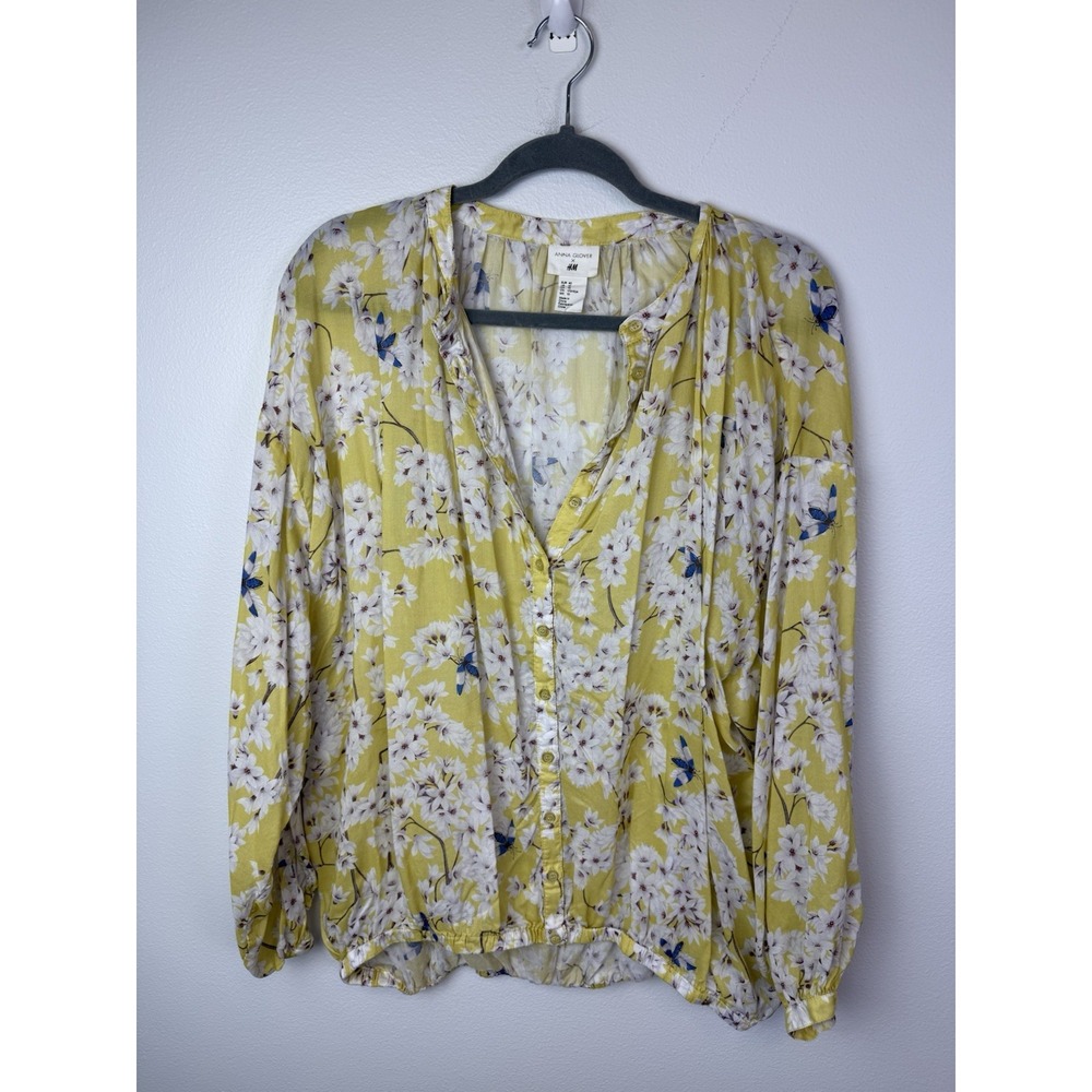 H&M X Anna Glover Yellow Floral Long Sleeve‎ Button Front Top Women's 10